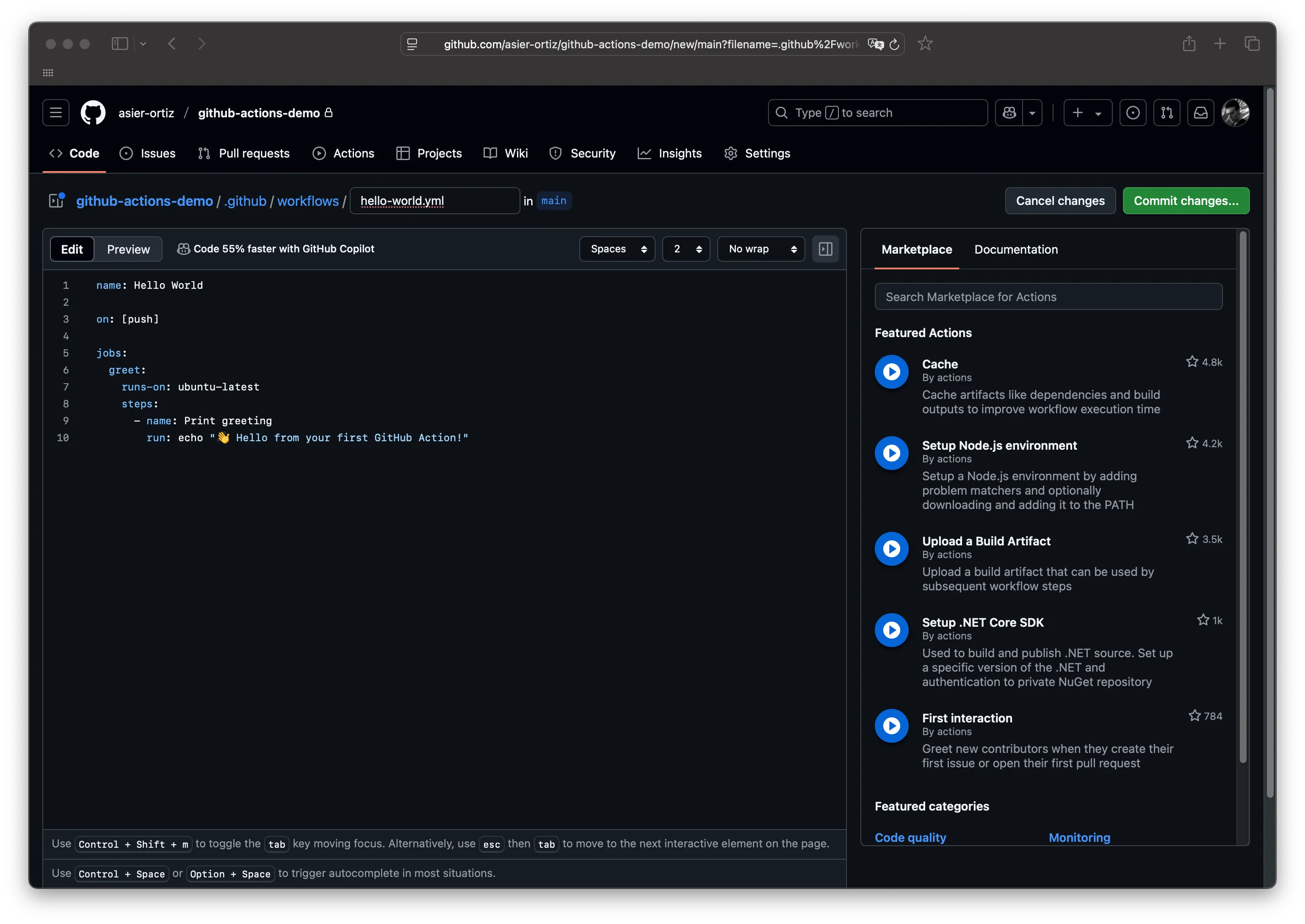 YAML editor with hello-world workflow example