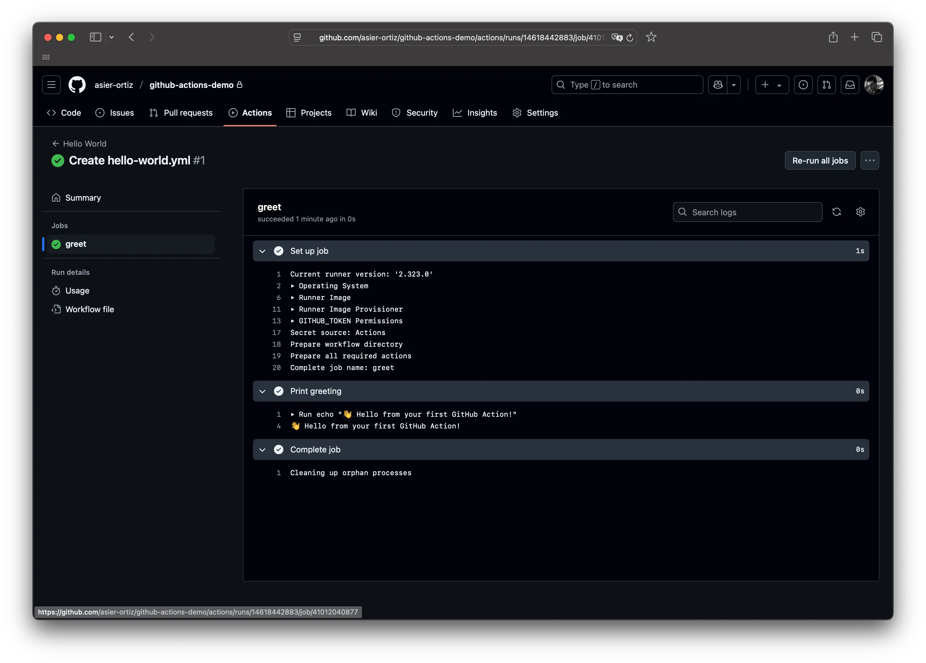 GitHub Actions run result showing successful output